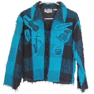 🟢7139 * Silver Stream Vintage Shaggy Button Down Blue Black Size S